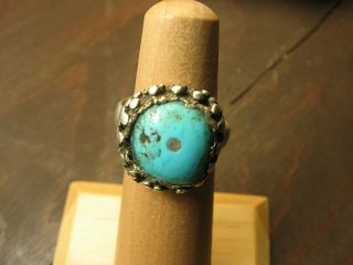 Antique Silver And Turquoise Ring With Drilled And Silver Filled Stone.  Navajo?