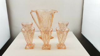 Pink Depression (carnival Glass) Ware Pitcher And 5 Glass Set Antique