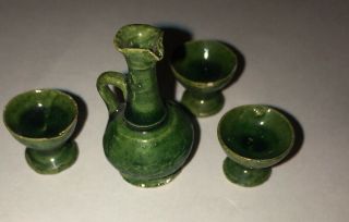 Vintage Antique Miniature Dollhouse Pottery Ewer & Cups