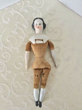 Antique 8” China Head Doll Cloth Body China Legs & Arms Blue Eyes