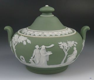Antique 1901 Wedgwood Green Jasperware Porcelain Greek/roman Sugar Bowl/dish