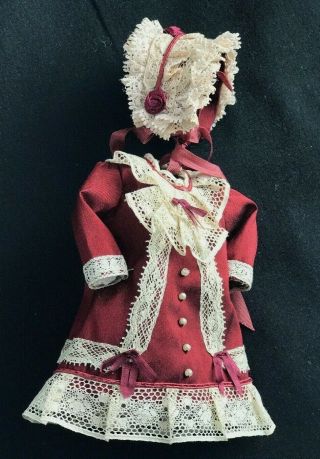 Cc Hand Sewn Silk Doll Dress For 7 " Antique Doll & Hat Bonnet Handmade Miniature