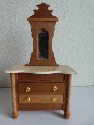Vintage Dollhouse Miniature Reevesline Mirrored Dresser - Marble Style Top