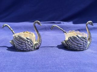 Antique/vintage Swan Shaped Solid Silver Salt & Pepper Holders With Spoons