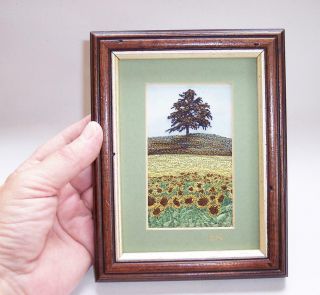 Vintage EMBROIDERED PICTURE By Cathy Rounthwaite SUNFLOWERS & OAK TREE Signed 2