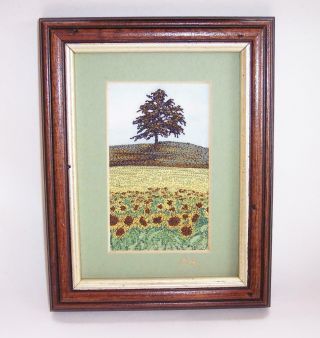 Vintage EMBROIDERED PICTURE By Cathy Rounthwaite SUNFLOWERS & OAK TREE Signed 3