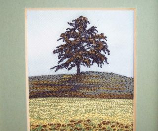 Vintage EMBROIDERED PICTURE By Cathy Rounthwaite SUNFLOWERS & OAK TREE Signed 4