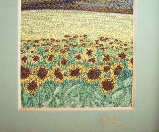 Vintage EMBROIDERED PICTURE By Cathy Rounthwaite SUNFLOWERS & OAK TREE Signed 5