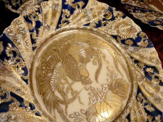 Antique Japanese Nippon Moriage Porcelain Handpainted Cobalt Gold Phoenix Plates