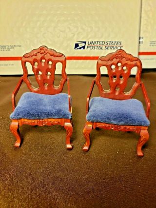 Vintage 2 Victorian Blue Velvet Accent Arm Chairs Dollhouse Miniature Furniture