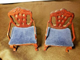 Vintage 2 Victorian Blue Velvet Accent Arm Chairs Dollhouse Miniature Furniture 4