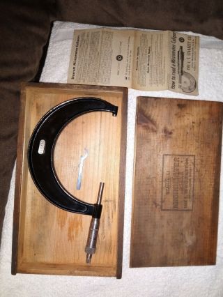 Antique Starrett Micrometer Calipers With Instructions & Factory Wooden Box 4in