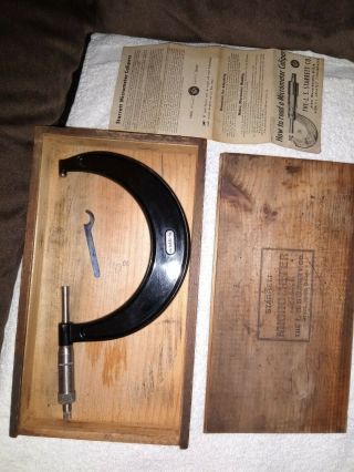 Antique Starrett Micrometer Calipers with instructions & factory wooden box 4in 2