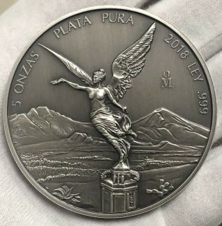 Libertad - Mexico - 2018 5 Oz Silver Antiqued Coin In Capsule