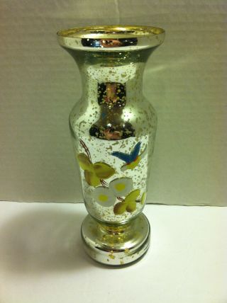 Mercury Glass Hand Painted Flowers Bird Vase 9 " Tall