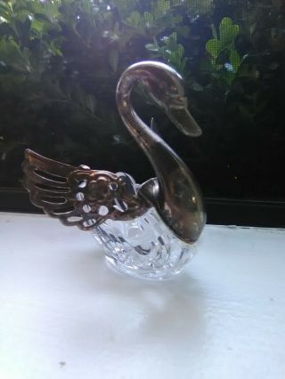 Sparkling Antique Swan Salt Cellar,  Silver,  Cut Glass,  Moveable Wings