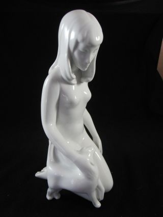 Porcelain Nude Woman Lady Sculpture Figurine Royal Dux Czechoslovakia With Cat