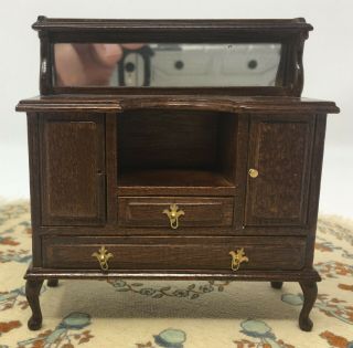 Vintage Dollhouse Miniature Wood Console Bureau Cabinet With Mirror Top Drawers
