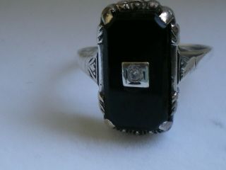 Antique French Art Deco Diamond Black Onyx 835 Silver Panel Ring Size Q