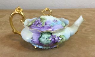 Antique T & V Limoges,  France Teapot,  Hand Painted,  Flowers,  Leaves,  Purple