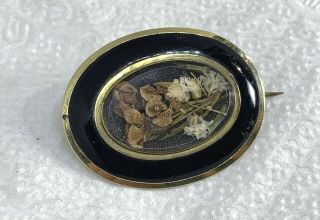 Antique Victorian 10k Black Enamel Mourning Brooch Braided Hair & Dried Flowers