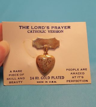 Antique 14k Yellow Gold Plated Catholic Lord ' s Prayer Brooch Pin Heart Charm 2
