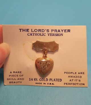 Antique 14k Yellow Gold Plated Catholic Lord ' s Prayer Brooch Pin Heart Charm 3