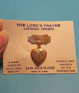 Antique 14k Yellow Gold Plated Catholic Lord ' s Prayer Brooch Pin Heart Charm 4