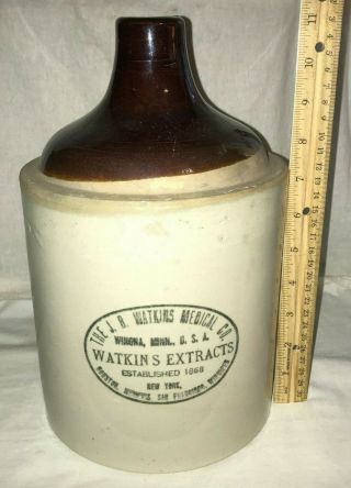 Antique J R Watkins Medical Co Red Wing Stoneware Spice Extract Jug Winona Mn