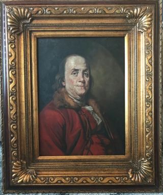 Antique Portrait Painting Of Benjamin Franklin After Duplessis.  Oil On Metal