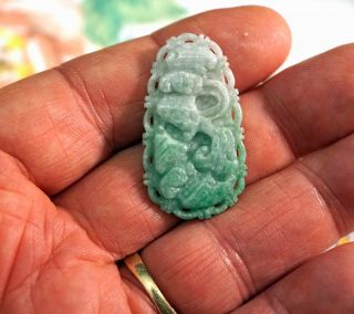 Chinese Carved Green & White Jade Pendant Foliage With Pierced Lacey Edge