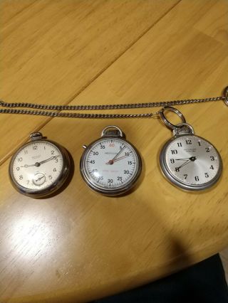 3 Vintage Westclox Pocket Watchs,  One Is A Stop Watch.