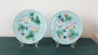 German Majolica Bird Grapes Plates,  Light Turquoise Set 2