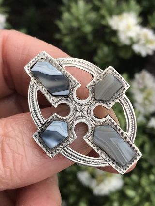 Antique Victorian Sterling Silver Scottish Montrose Agate Cross Brooch/pin