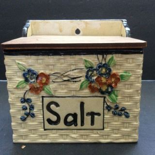 Antique Vintage Kitchen Ceramic Salt Box / Wooden Lid Made In Japan Collectible