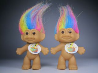 2 Vintage Russ Rainbow Troll Doll Rainbow Hair 1980s 3 Inch