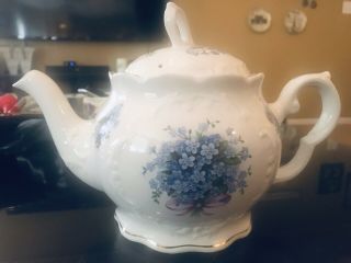 Crown Dorset Staffordshire Fine Ceramics Teapot Antique White Blue Flowers Gold