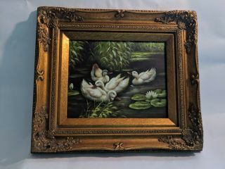 Ornate Framed,  Hand Painted Oil Painting 8x10 Inch,  Ducks,  Birds