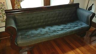 1890 Empire Style Mahogany Veneer Couch W/ Orig Black Horsehair (except On Back)