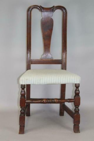 Rare Early 18th C Ma Queen Anne Carved Crest Upholstery Seat Chair Spanish Feet