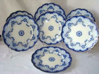 7 Antique Art Nouveau Grindley Flow Blue Luncheon Plate Set,  Keele Pattern