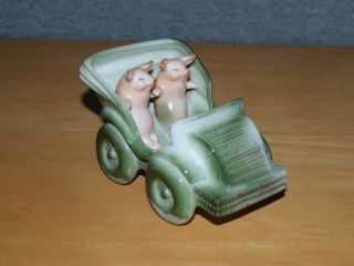 Antique German Porcelain Souvenir - Pink Pigs In Car - A Present From Portmadoc