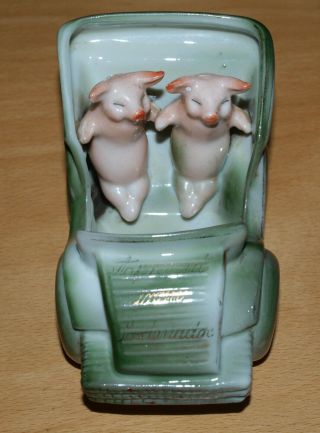 Antique German Porcelain Souvenir - Pink Pigs in Car - A Present from Portmadoc 6