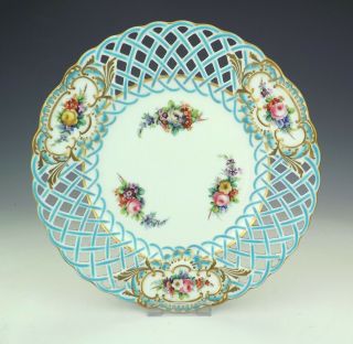 Antique Minton Porcelain Flower Painted Plate - Turquoise Pierced Gilded Borders