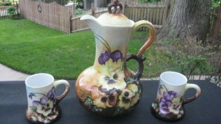 Antique Limoges France Chocolate Coffee Pot Hand Painted Pansies & Cups Signed