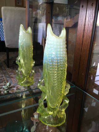 Antique Dugan Glass Opalescent 8 Inch Yellow Corn Vase
