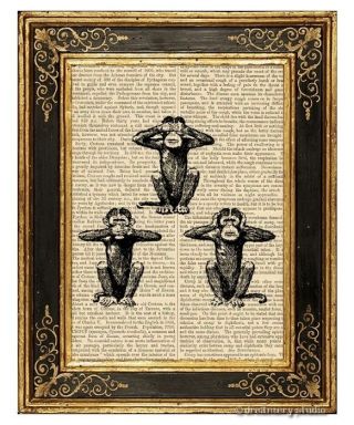 Three Wise Monkeys Art Print On Vintage Book Page See Hear Speak No Evil Gifts