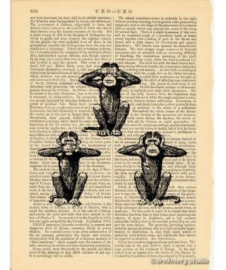 Three Wise Monkeys Art Print on Vintage Book Page See Hear Speak No Evil Gifts 2