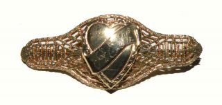 Antique Estate 14k Gold Filled Filigree Heart Bar Pin Brooch 2 " Long