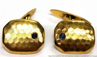 14k Gold Natural Sapphire Cabochon Antique Arts Crafts Hand Hammered Cufflinks